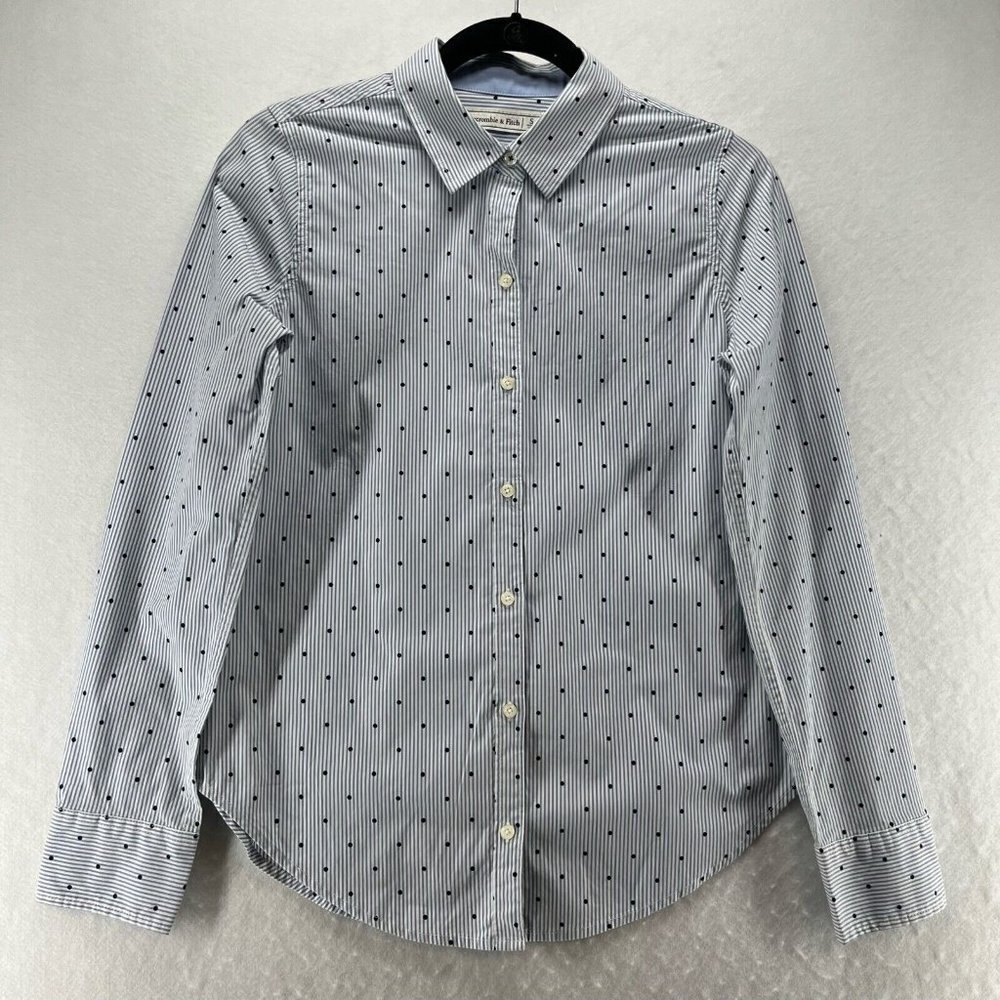 Abercrombie & Fitch Shirt Women S Polka Dot Stripe Button Front Long Sleeve Blue